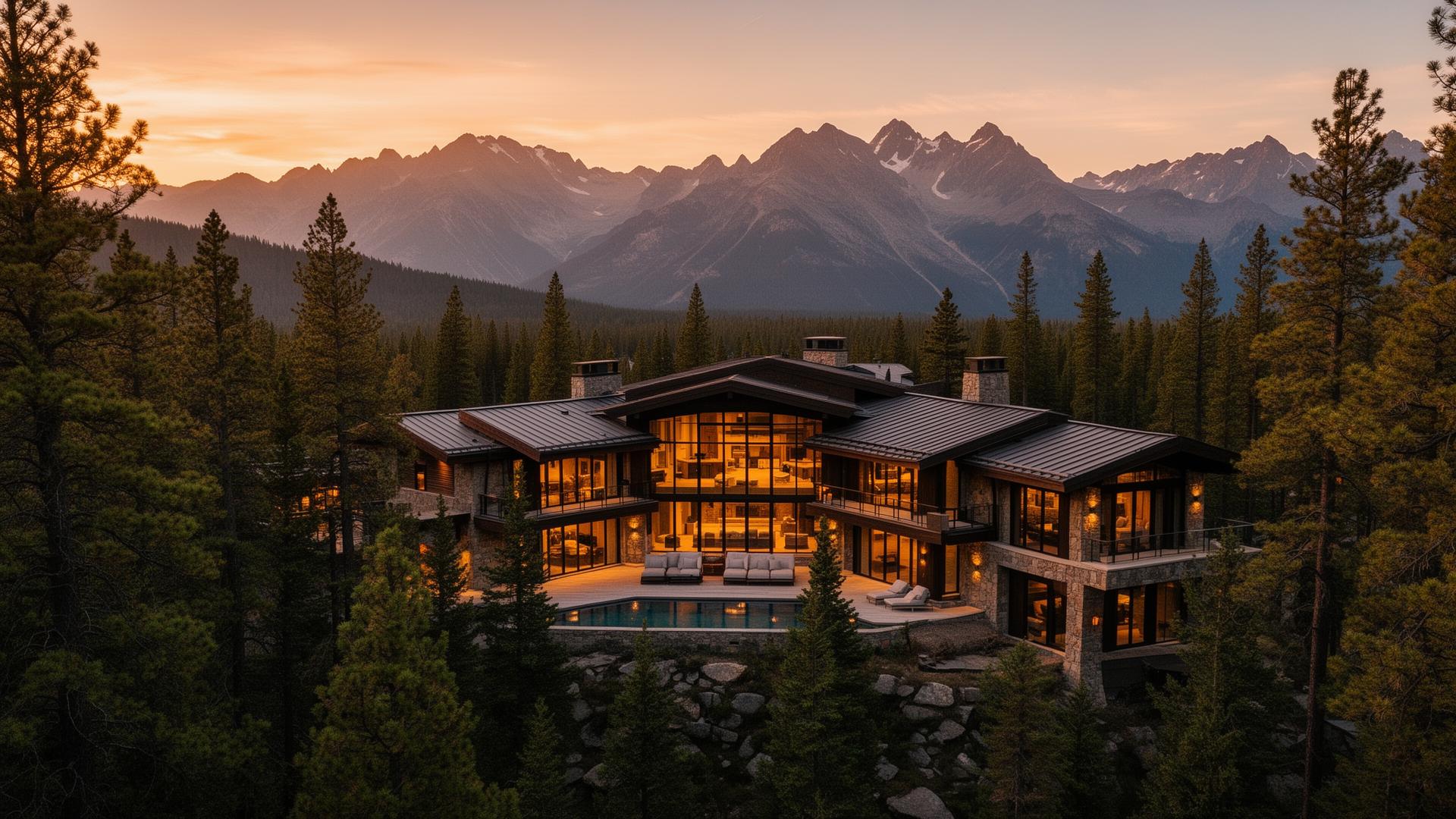 Luxury mountain lodge retreat at golden hour